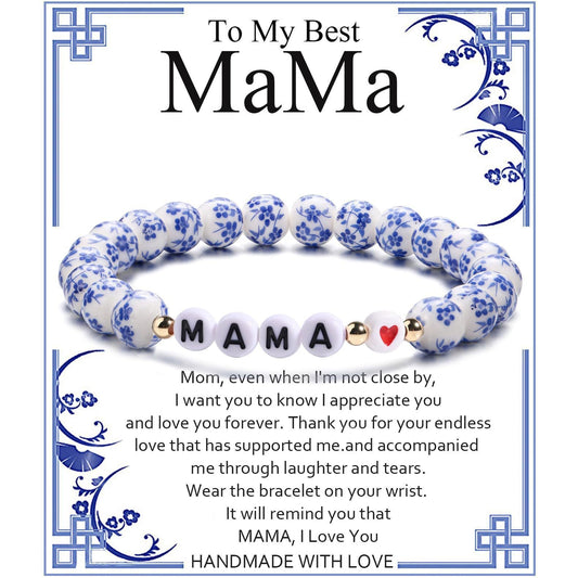 Blue and White Porcelain MAMA Beaded Bracelet