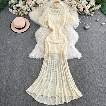Vintage Hollow-Out Knit Dress – Women's Summer Elegant Tie-Waist A-Line Midi, Fishtail Slim-Fit Gown
