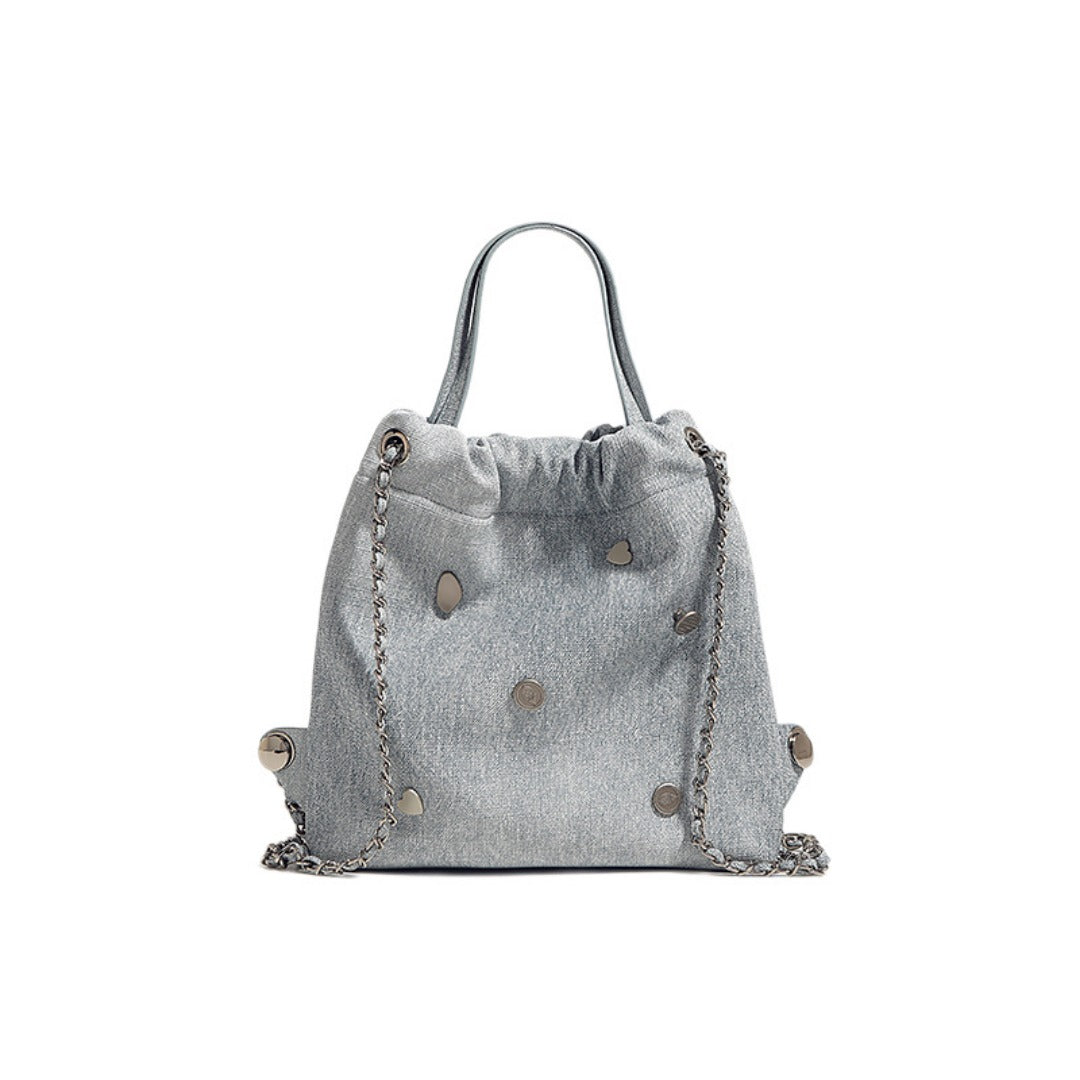 Mochila vaquera azul con cadena para mujer, elegante y sencilla, multifuncional y portátil, con asa superior. 