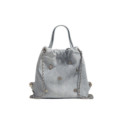 Mochila vaquera azul con cadena para mujer, elegante y sencilla, multifuncional y portátil, con asa superior. 