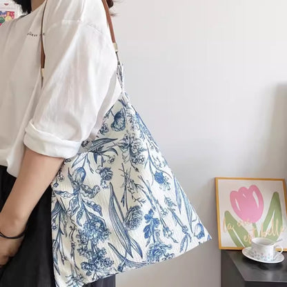 Bolso de mano retro con diseño de flores de porcelana azul y blanca, bolso de hombro con asa única, bolso ligero, bolso hobo de tela 