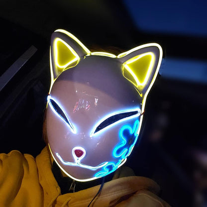 Máscara LED de demonio, accesorios de disfraz de cazadores, máscara de plástico con cara de zorro de anime japonés, máscaras brillantes para cosplay de adultos en fiestas de disfraces 