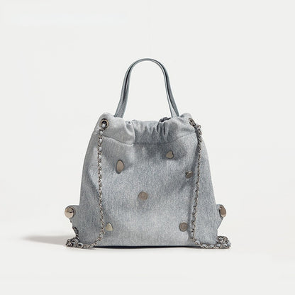 Mochila vaquera azul con cadena para mujer, elegante y sencilla, multifuncional y portátil, con asa superior. 