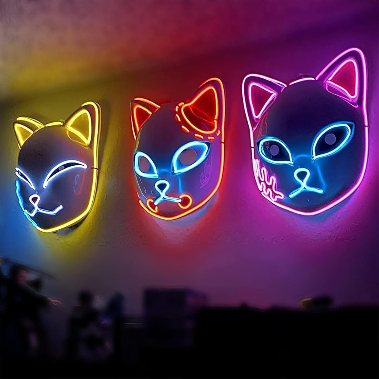 Máscara LED de demonio, accesorios de disfraz de cazadores, máscara de plástico con cara de zorro de anime japonés, máscaras brillantes para cosplay de adultos en fiestas de disfraces 