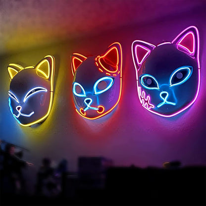 Máscara LED de demonio, accesorios de disfraz de cazadores, máscara de plástico con cara de zorro de anime japonés, máscaras brillantes para cosplay de adultos en fiestas de disfraces 
