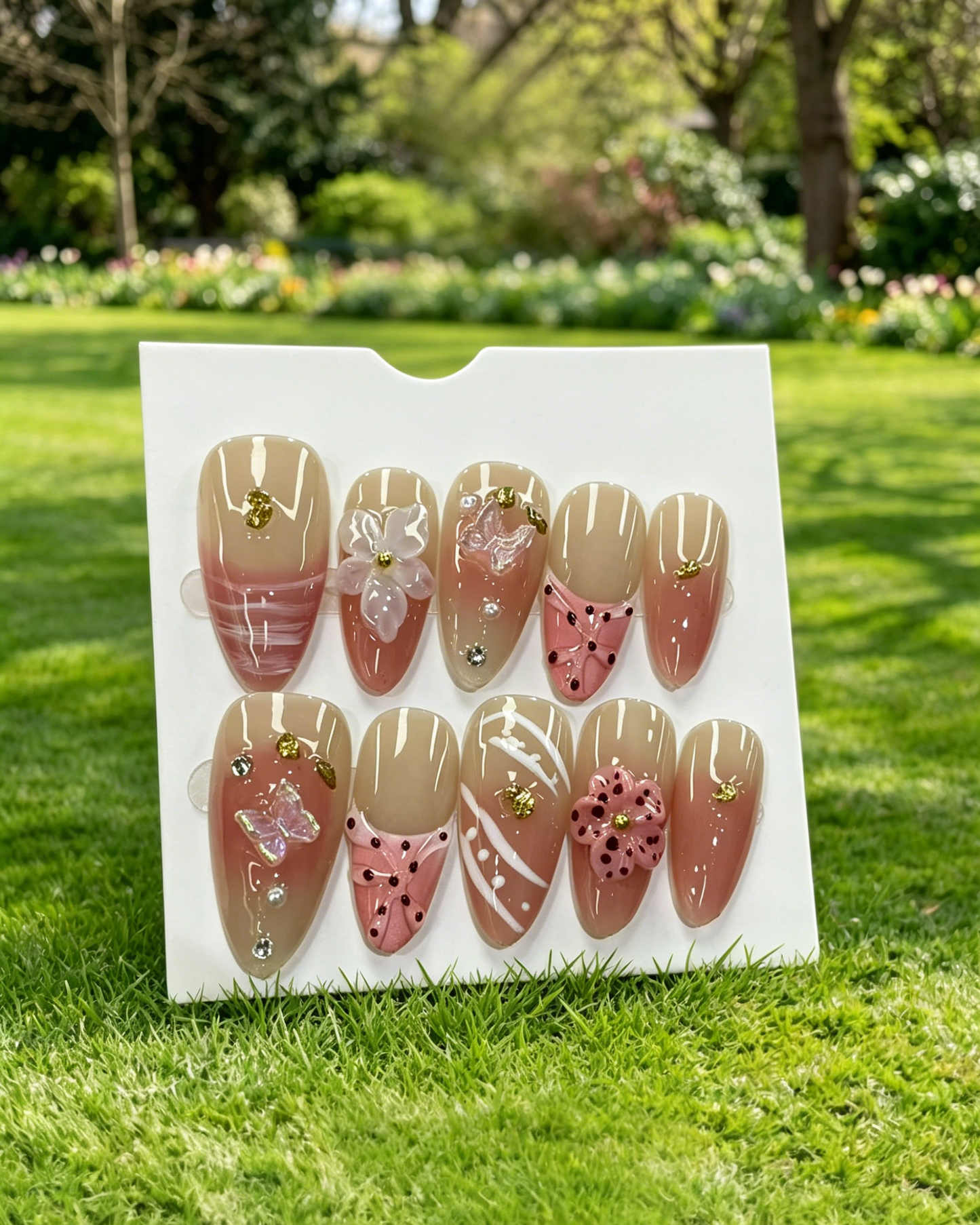 Pink Gold Almond Press On Nails