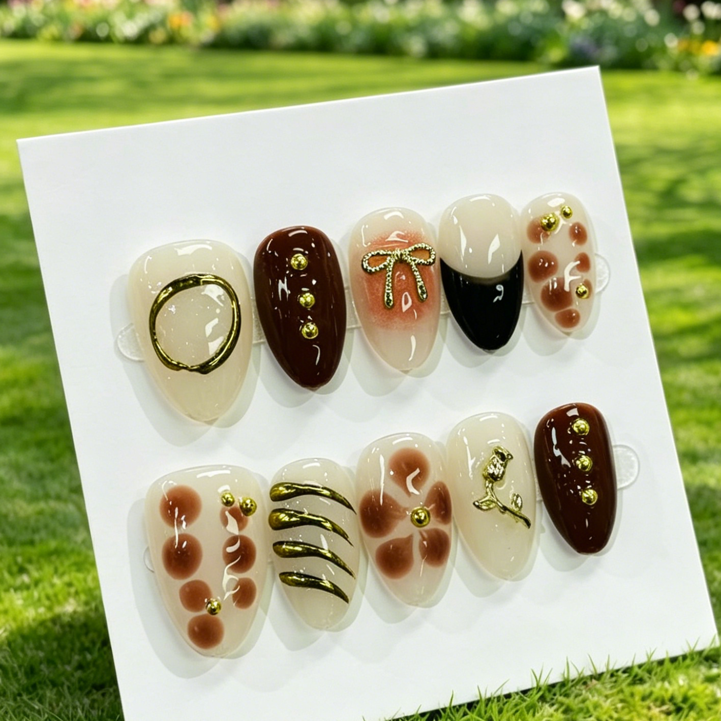 Pink Gold Almond Press On Nails