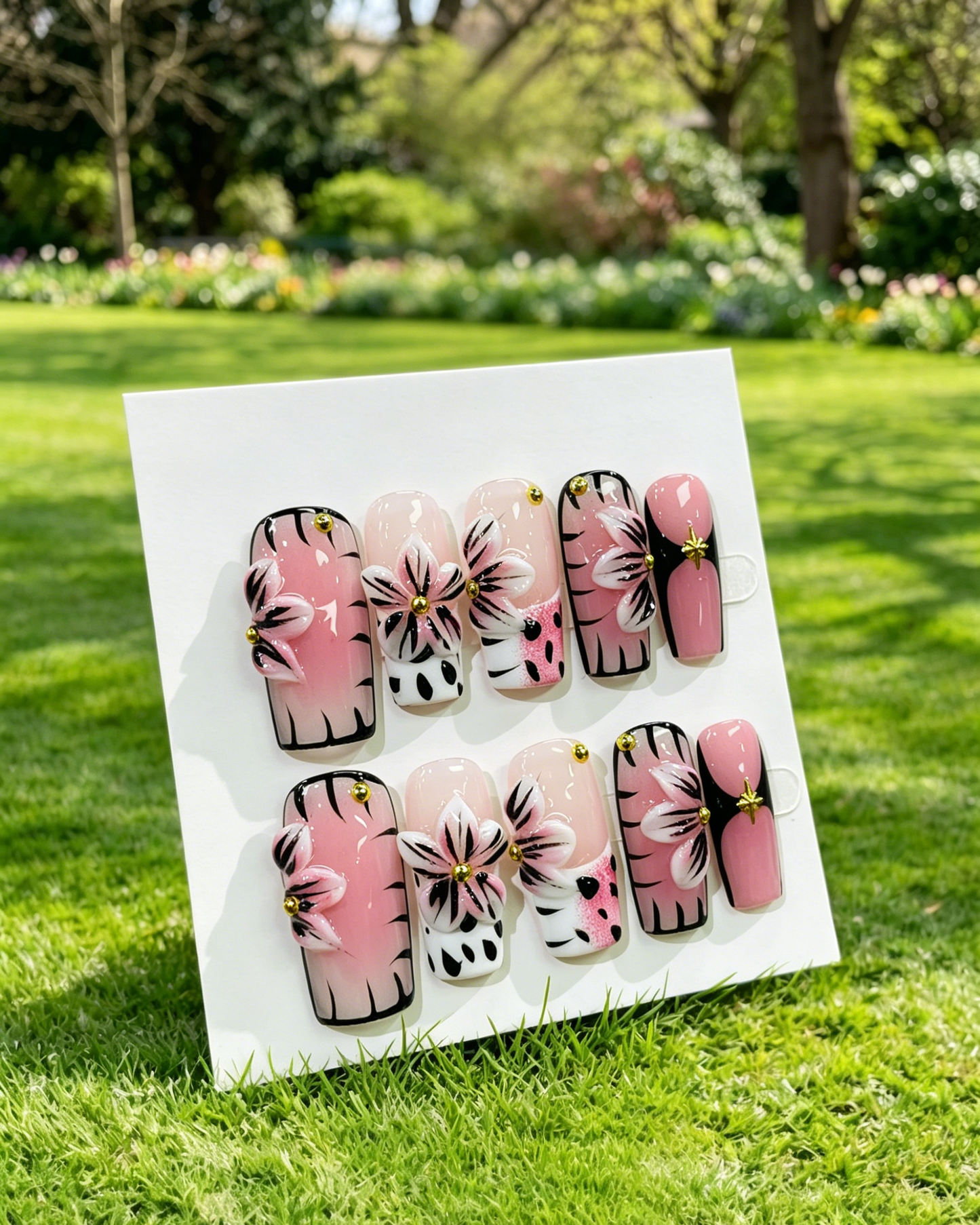 Pink Gold Almond Press On Nails