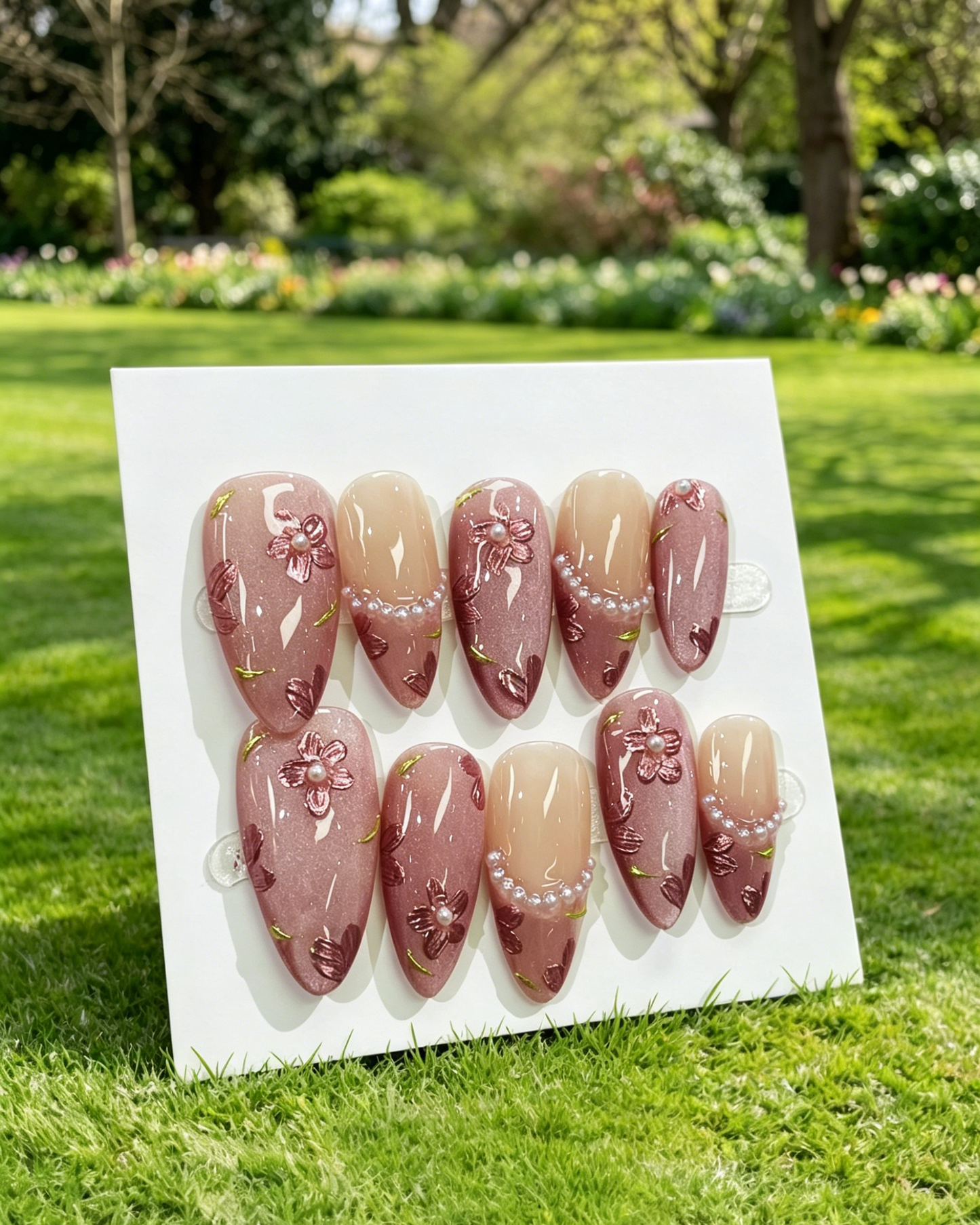 Pink Gold Almond Press On Nails
