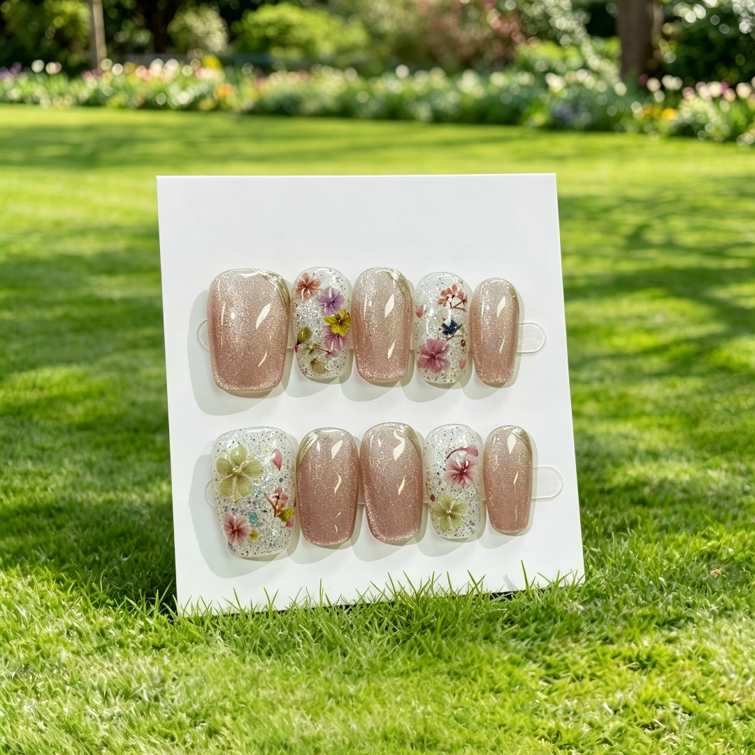 Pink Gold Almond Press On Nails