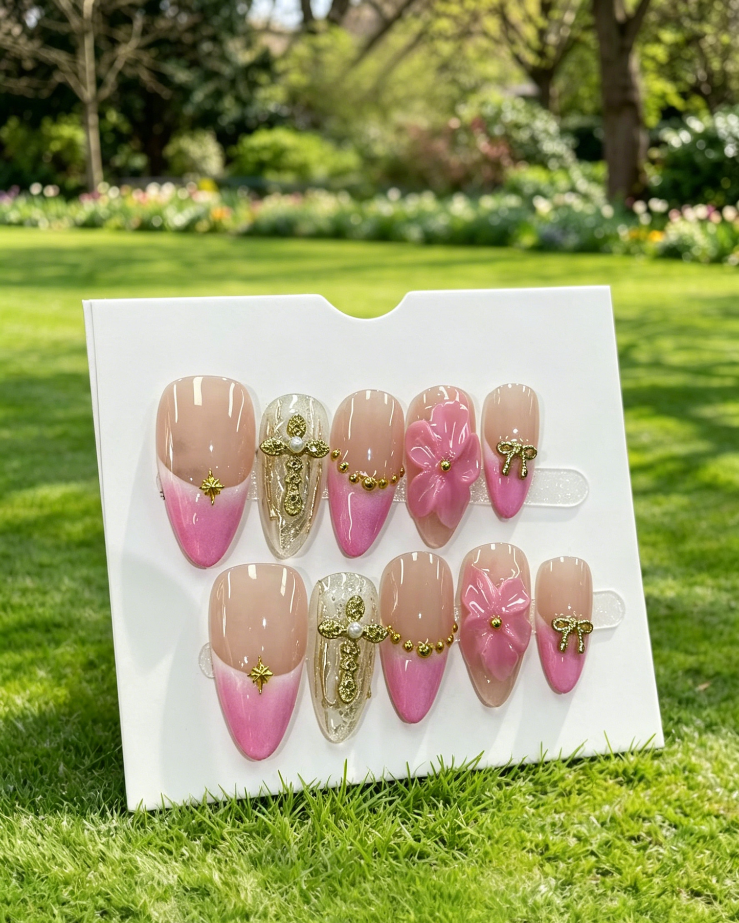 Pink Gold Almond Press On Nails
