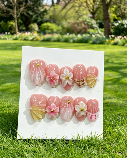 Pink Gold Almond Press On Nails