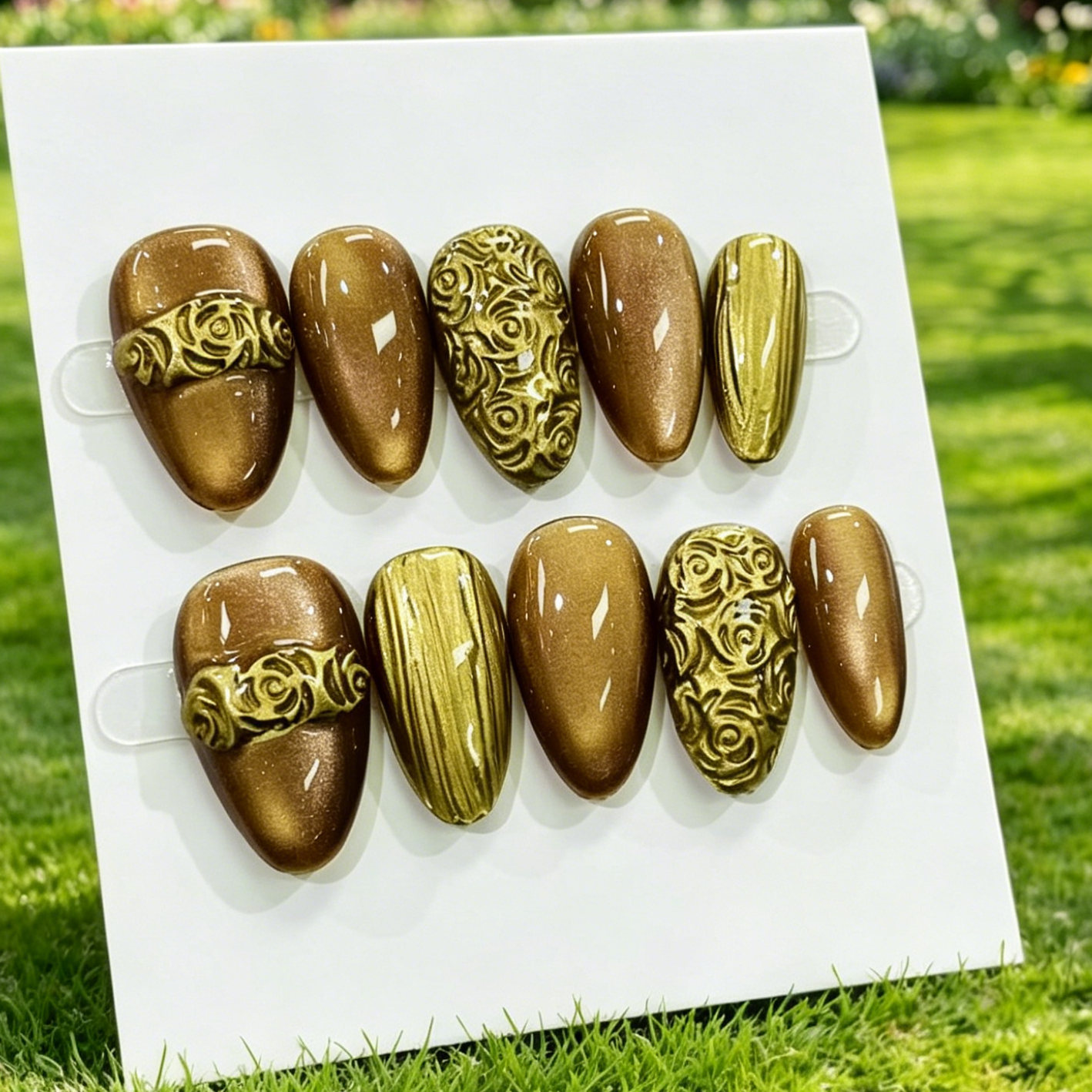 Pink Gold Almond Press On Nails