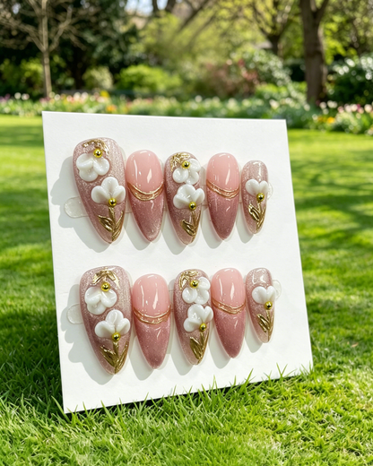 Pink Gold Almond Press On Nails