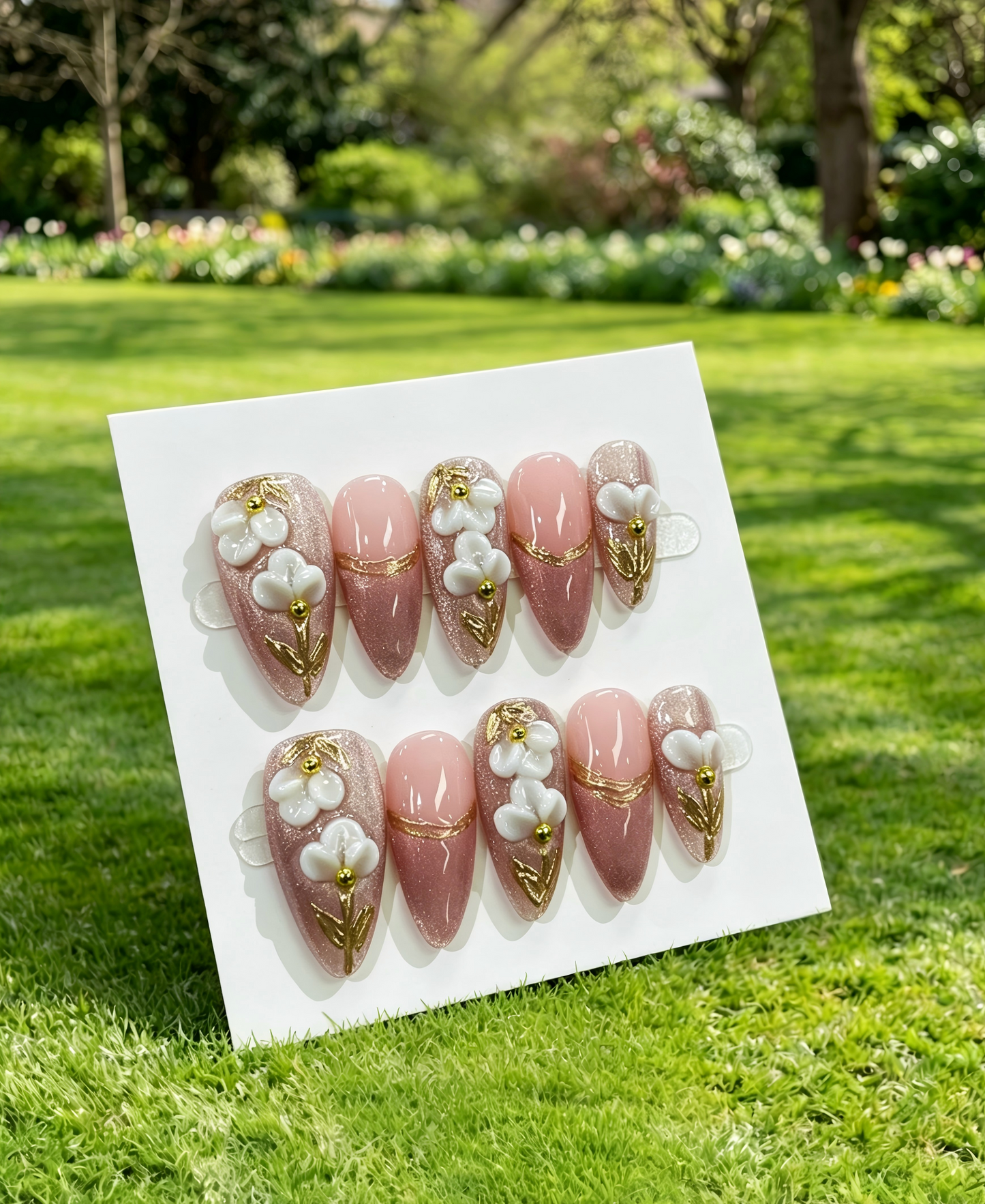 Pink Gold Almond Press On Nails