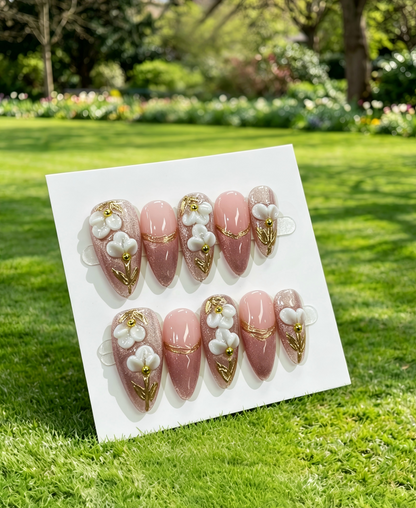 Pink Gold Almond Press On Nails