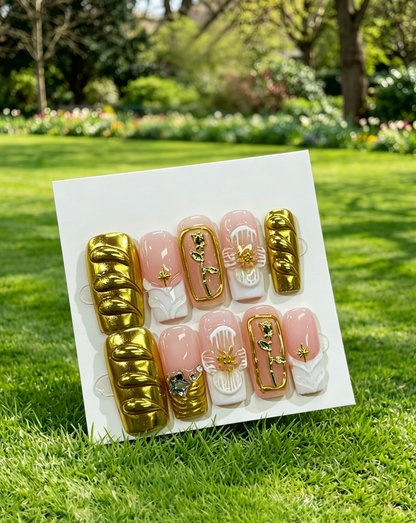 Pink Gold Almond Press On Nails