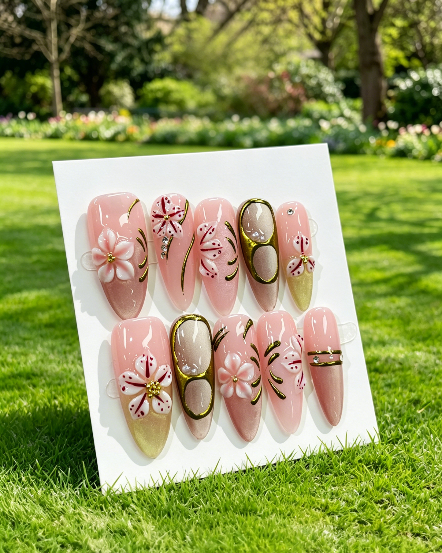 Pink Gold Almond Press On Nails