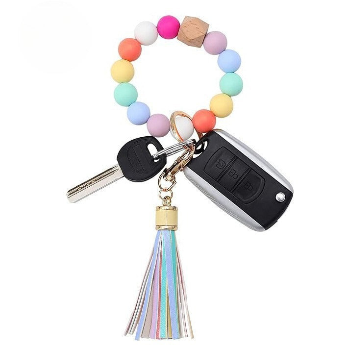 Llavero con borla de PU y cuentas de silicona para bolso, pulsera, llavero de coche, para mujeres y niñas 