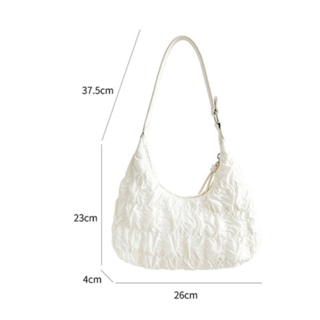 bolso pequeño de hombro, bolso tipo puff color crema, bolso plisado, bolso hobo 