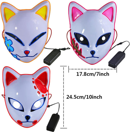 Máscara LED de demonio, accesorios de disfraz de cazadores, máscara de plástico con cara de zorro de anime japonés, máscaras brillantes para cosplay de adultos en fiestas de disfraces 