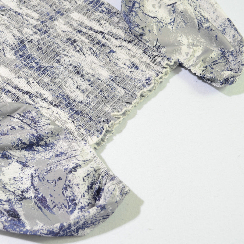 Slim Blouse French Style Tops Leaves Flower Print  Shirt women Elastic Body women's clothing official