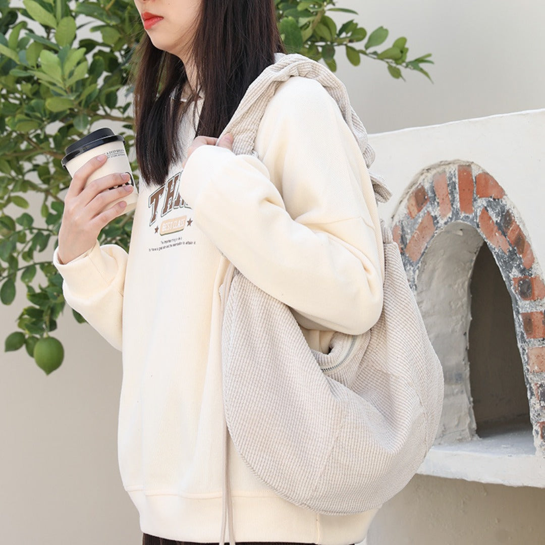 Bolso hobo de lona, ​​bolso de hombro informal plisado, bolso de hombro de pana con cordón ajustable 