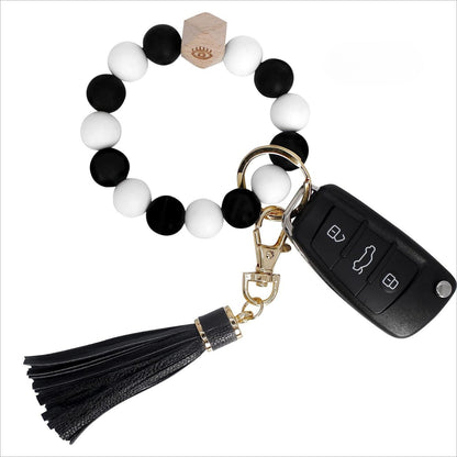 Llavero con borla de PU y cuentas de silicona para bolso, pulsera, llavero de coche, para mujeres y niñas 