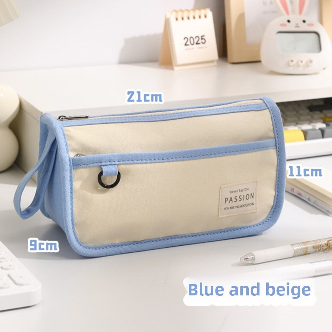 Color Matching Large-Capacity Canvas Pencil Case - Double-Layer Simple Design for Student Stationery Box