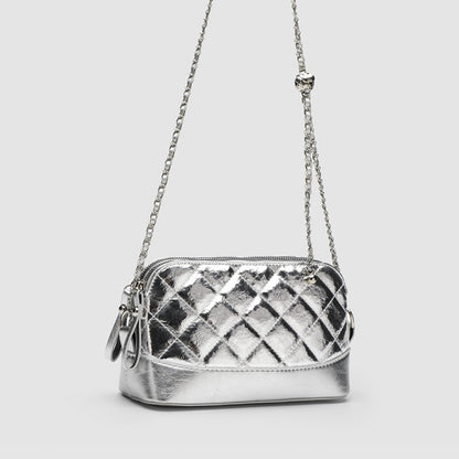 Simple chain bag, silver metallic shoulder Crossbody bag, fashionable small diamond bag women