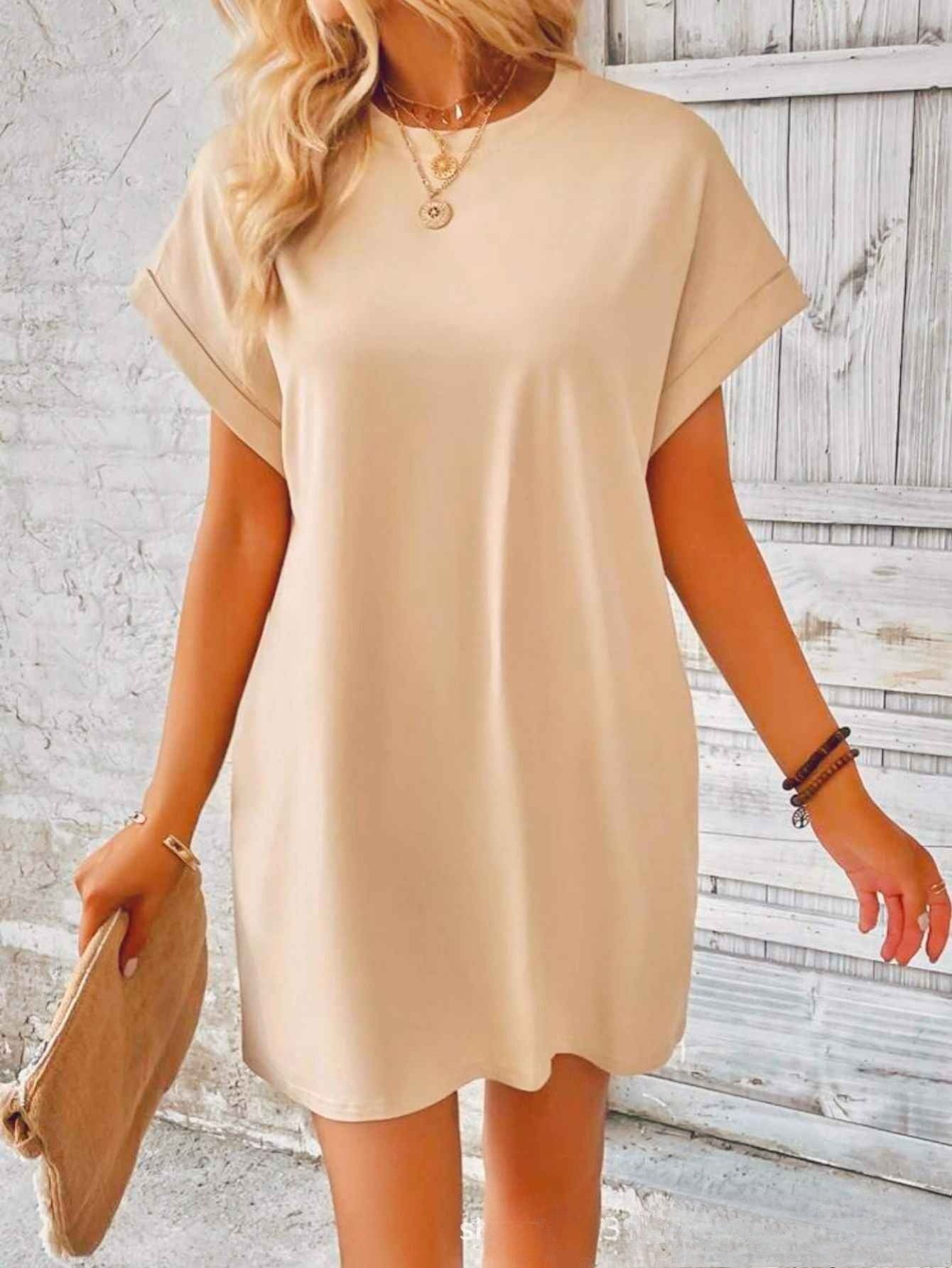 Vestido informal holgado de talla grande a la moda con mangas de murciélago lisas 