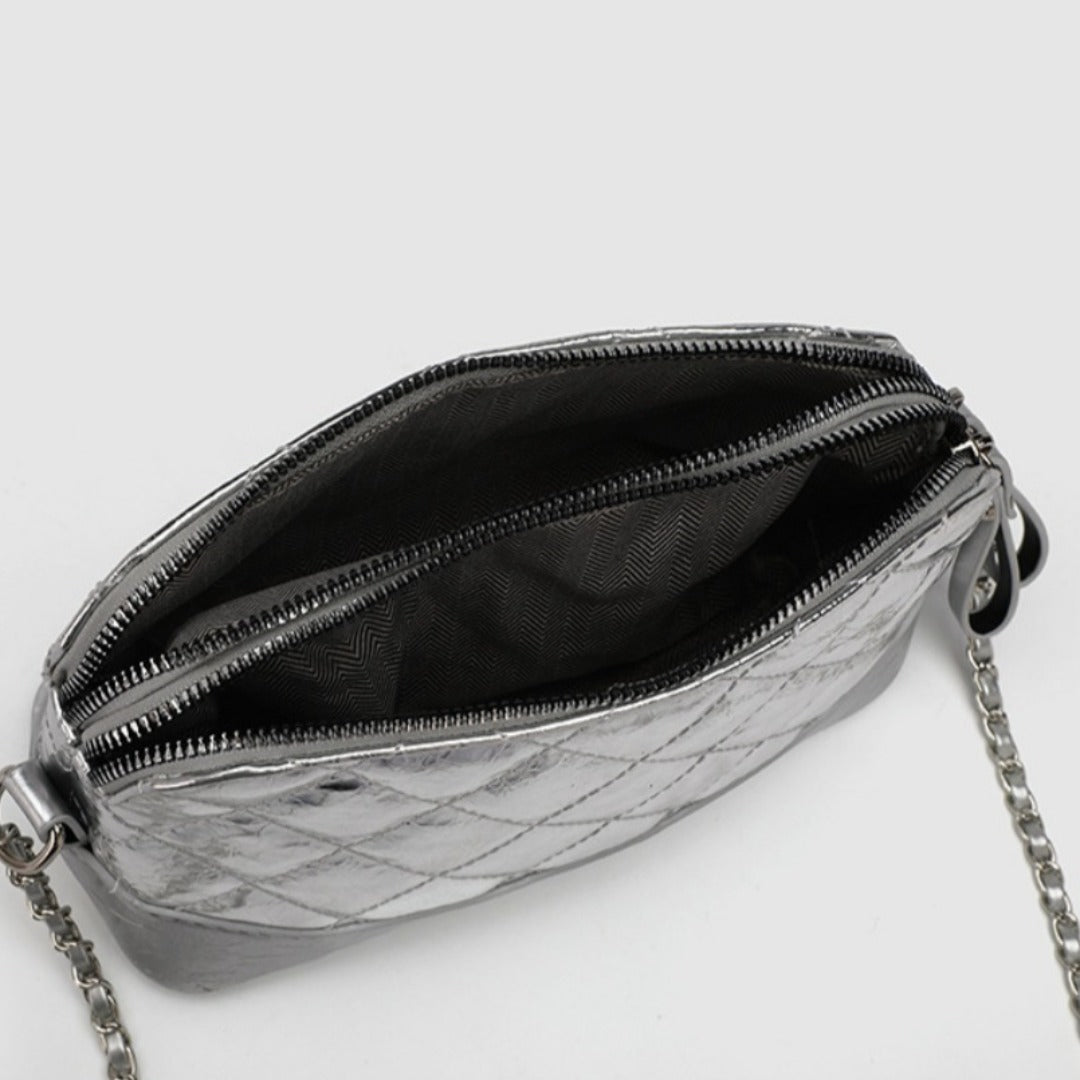 Simple chain bag, silver metallic shoulder Crossbody bag, fashionable small diamond bag women
