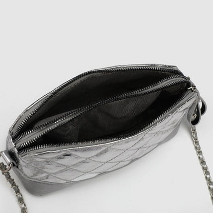 Simple chain bag, silver metallic shoulder Crossbody bag, fashionable small diamond bag women