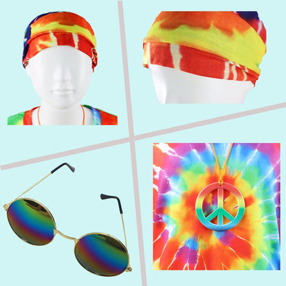 70s Outfits Boys 4Pcs Hippie Costume Accessories Kids Colorful Dye tshirt for Theme Party 60s 70s for 4-12 years