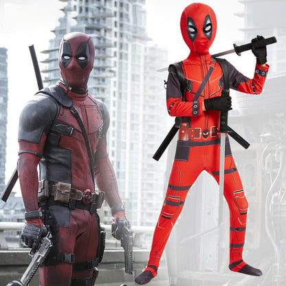 Disfraz de Deadpool para Halloween: mono ajustado para niños, mochila con doble cuchillo para adultos, traje para niños.