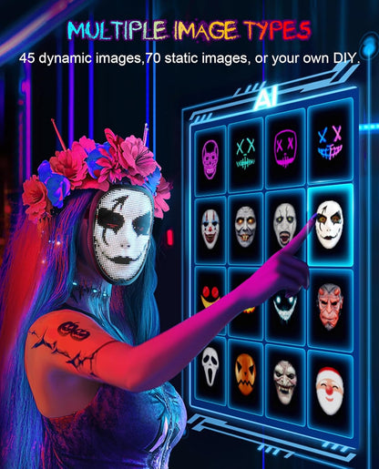 Halloween LED Mask with Programmable App & Gesture Sensing, DIY Unisex LED Lighted Face Transforming Mask, Perfect Gift for Halloween Costume Cosplay,Masquerade