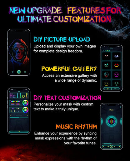 Halloween LED Mask with Programmable App & Gesture Sensing, DIY Unisex LED Lighted Face Transforming Mask, Perfect Gift for Halloween Costume Cosplay,Masquerade