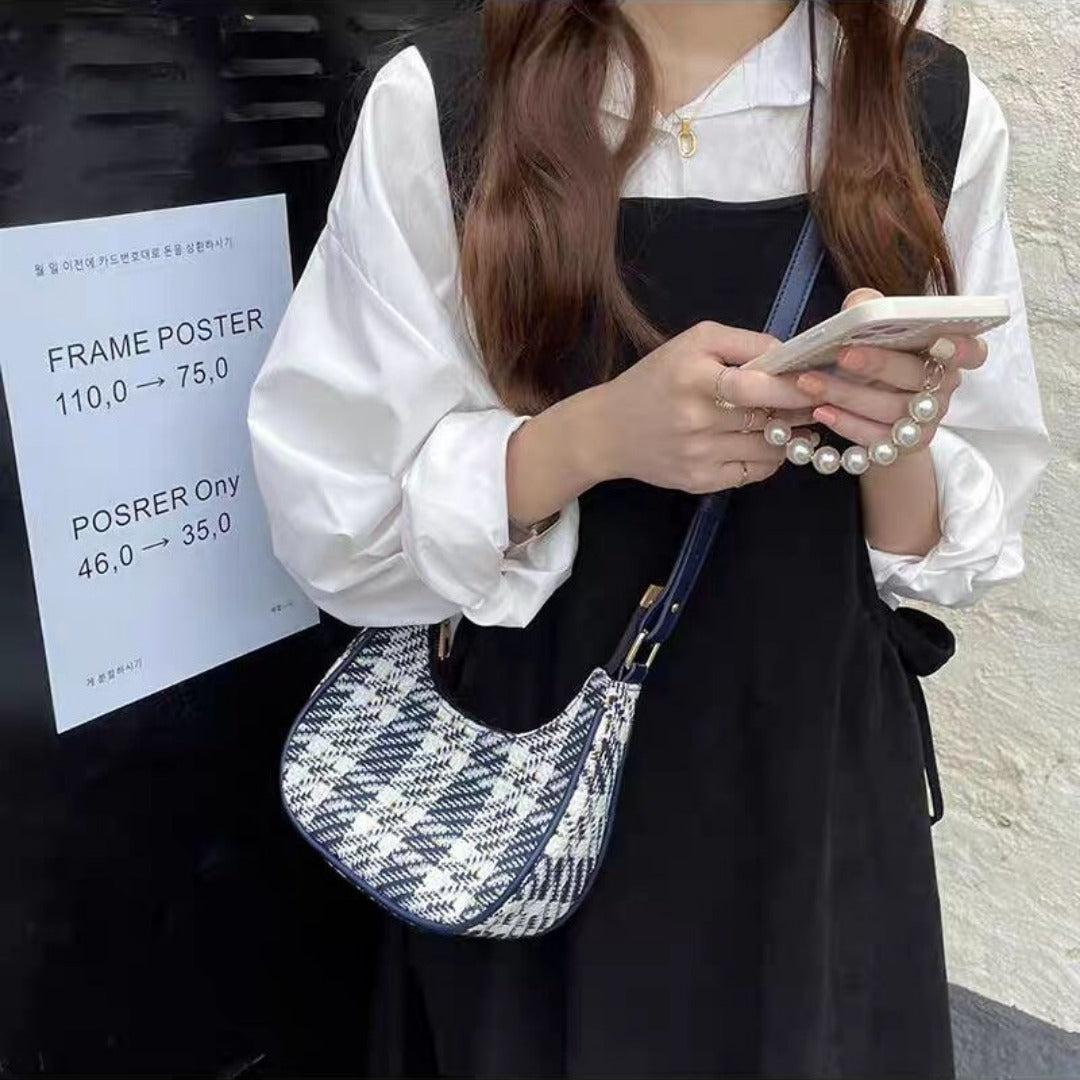 Bolso de verano de diseñador para mujer, bolso hobo pequeño de cuadros, moderno y versátil, bolso de hombro pequeño con forma de media luna, bolso bandolera pequeño para mujer 