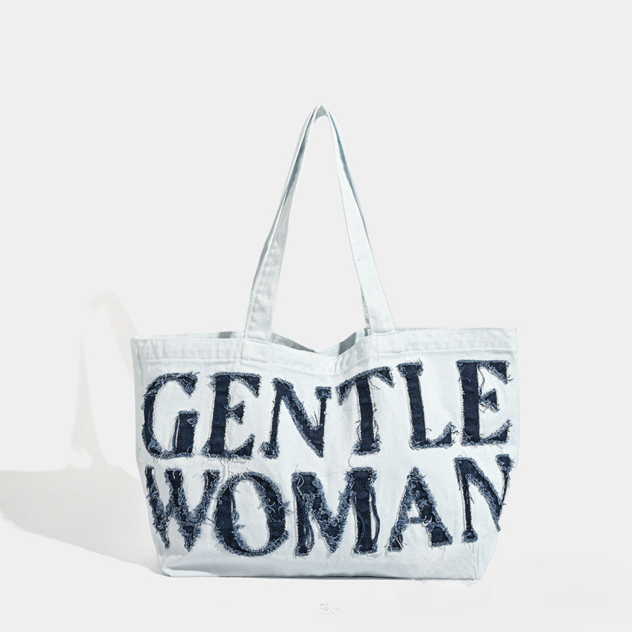 Bolso bandolera de lona de gran capacidad, bolso tote grande de mezclilla retro, bolso de mano de tela con pegatinas de letras, bolso tote grande 