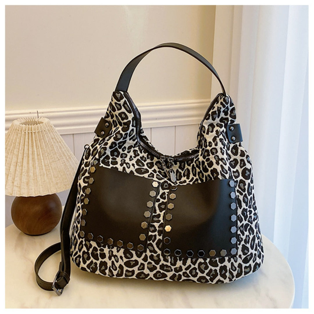 Ladies leopard print large capacity tote bag, vintage hobo bag casual, shoulder bag with crossbody strap, bag underarm bag women