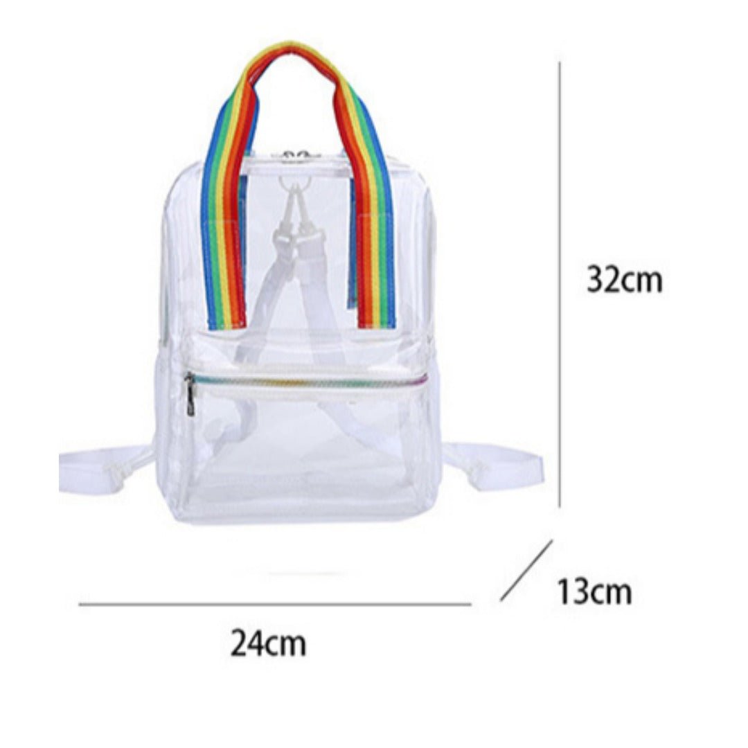 Mochila impermeable de PVC con diseño transparente, duradera y elegante, perfecta para viajes, escuela y uso diario. 