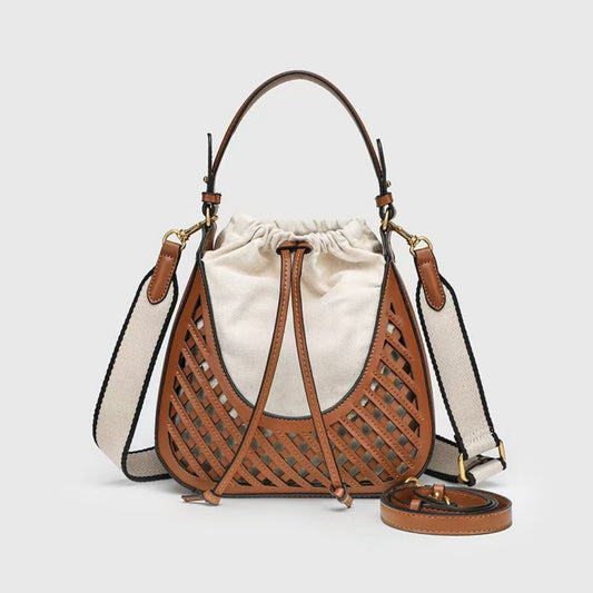 Elegante bolso bandolera marrón tipo cubo - Bolso tote vintage de punto con estilo y práctico bolso bandolera pequeño tipo hobo 