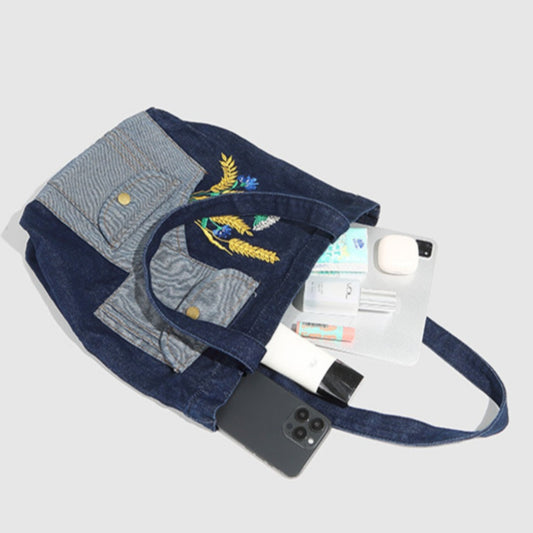 Bolso bandolera vaquero, bolso bandolera con bordado de espiga de trigo, bolso tote vintage, bolso de compras de moda 