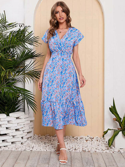 Vestido largo de verano para mujer, de gasa con estampado floral, manga corta, elegante escote en V, cintura elástica, ideal para la playa o las vacaciones.