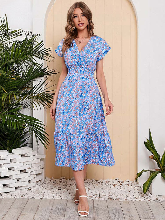 Vestido largo de verano para mujer, de gasa con estampado floral, manga corta, elegante escote en V, cintura elástica, ideal para la playa o las vacaciones.