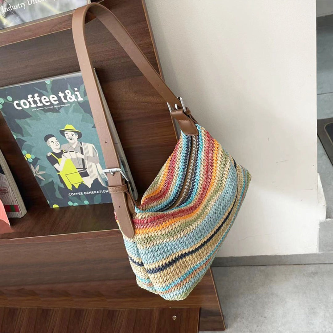 Bolso de paja arcoíris de verano para mujer – Bolso hobo informal de gran capacidad para la playa o vacaciones – 