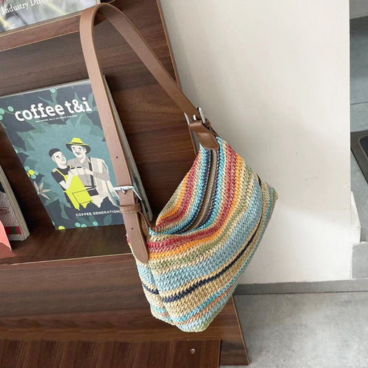 Bolso de paja arcoíris de verano para mujer – Bolso hobo informal de gran capacidad para la playa o vacaciones – 