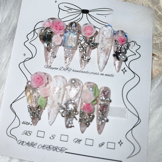 1018-Uñas postizas hechas a mano, de presión, removibles