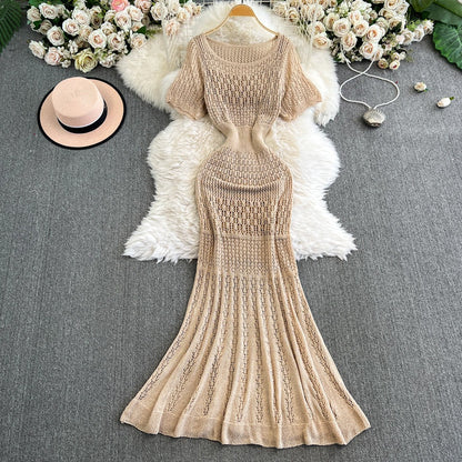 Vintage Hollow-Out Knit Dress – Women's Summer Elegant Tie-Waist A-Line Midi, Fishtail Slim-Fit Gown
