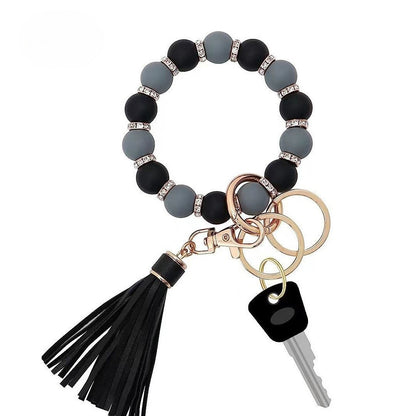 PU Tassel Keychain Bag charm Silicone Beaded Keychain Wristlet Key Ring Bracelet Cute Car Key Chain Holder for Women Girls -dropshippingabc.com